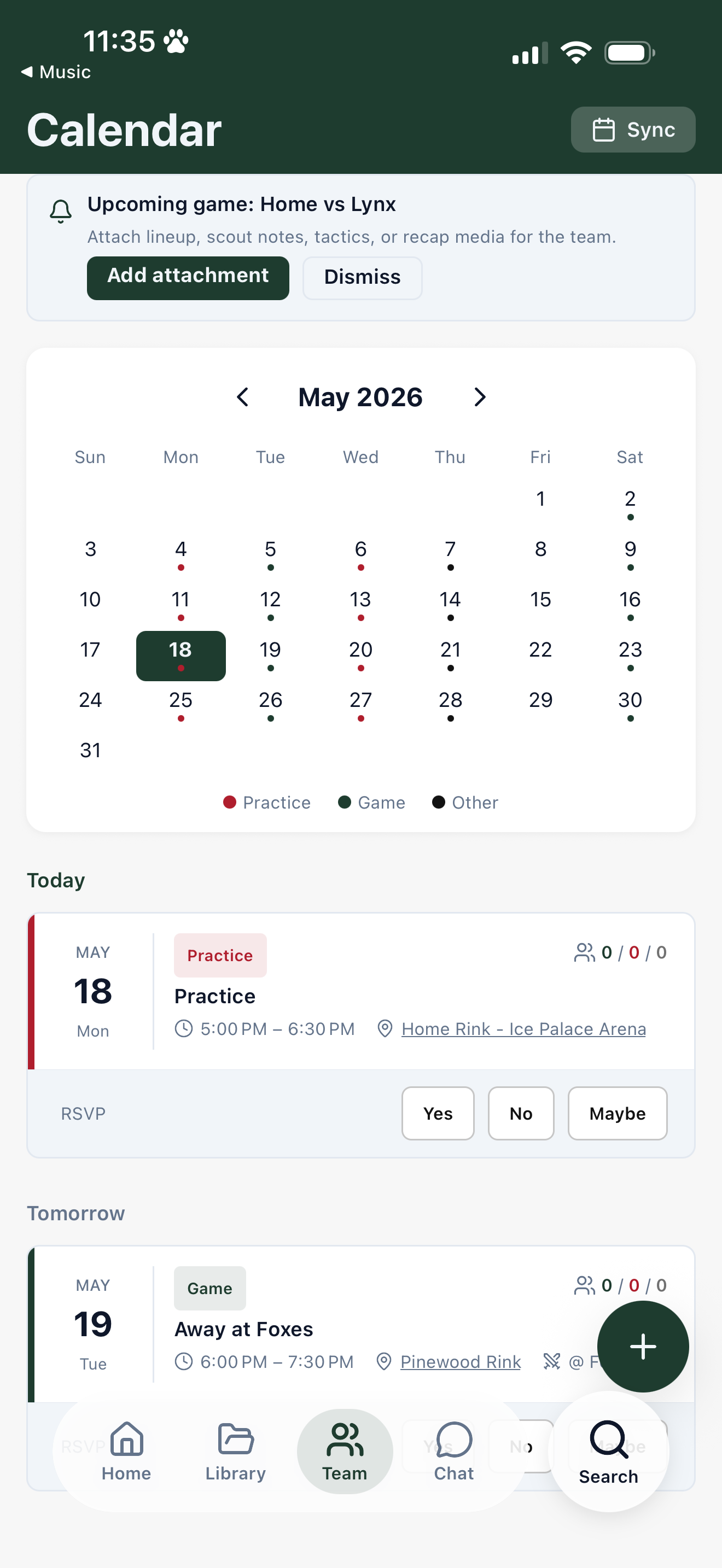 GAME4 calendar with a practice and attach-plan prompt