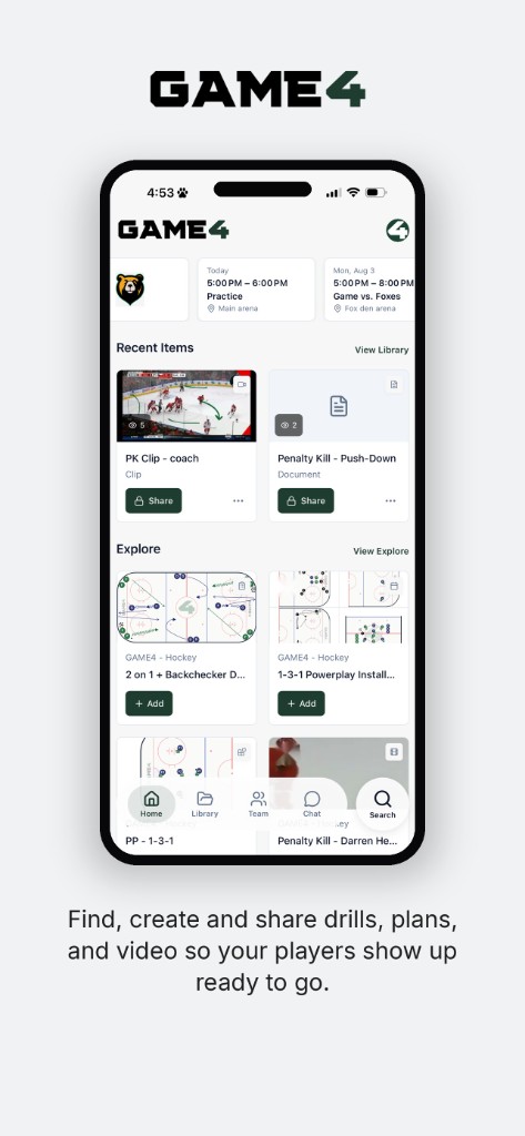 GAME4 home with upcoming practices, recent items, and explore