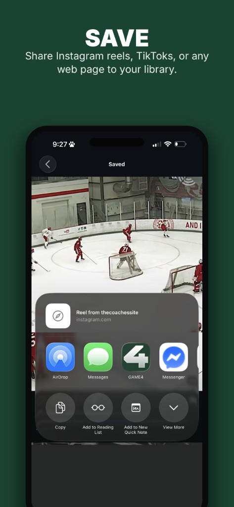 Share Instagram reels, TikToks, or any web page to your GAME4 library